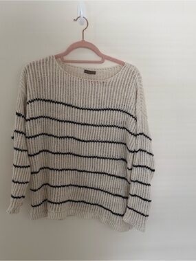 Lilla P Cream Open-Weave Sweater with Black Stripes